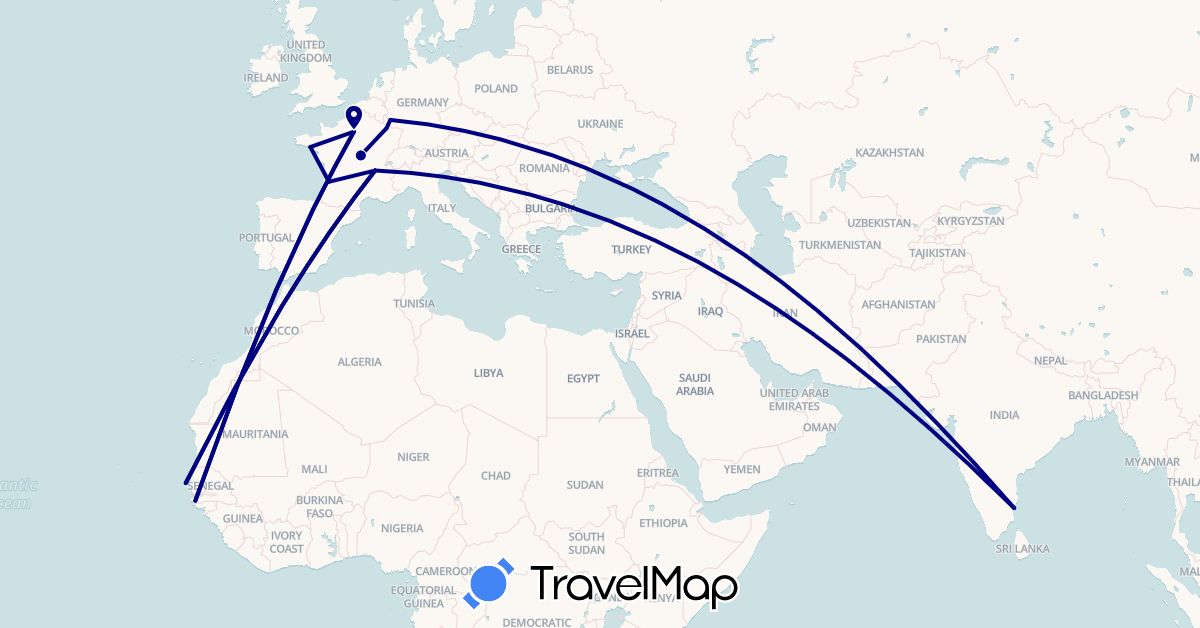 TravelMap itinerary: driving in Germany, France, India, Senegal (Africa, Asia, Europe)